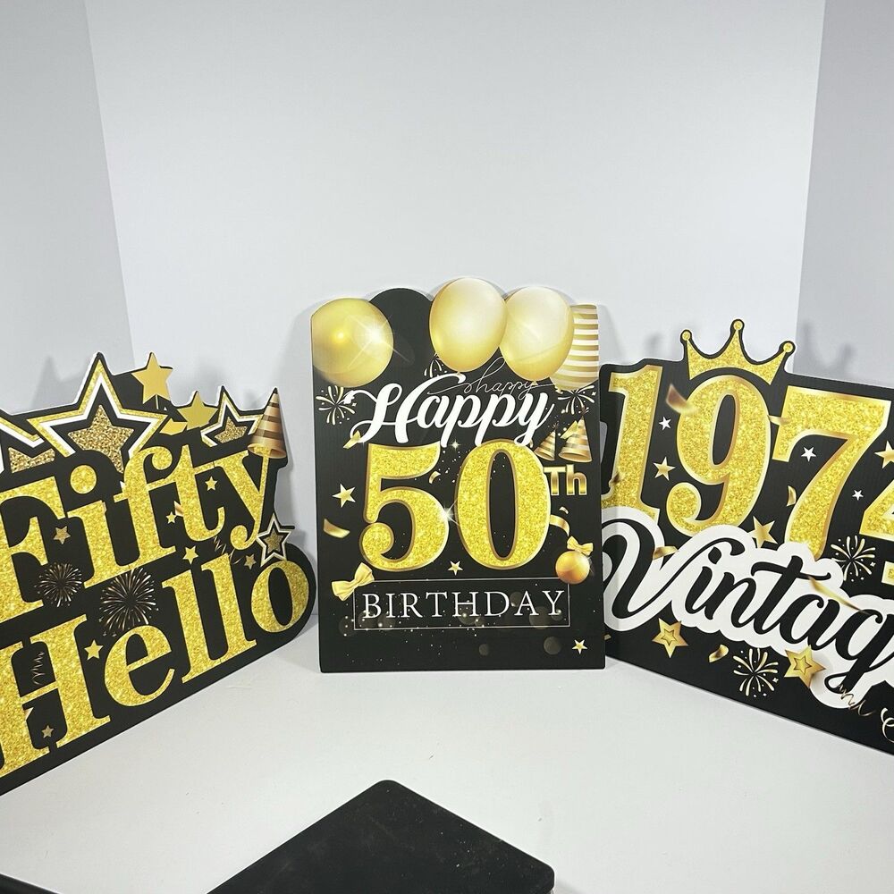 50th Birthday Yard Signs Black Gold 1974 Vintage Hello Fifty Lawn Decorations